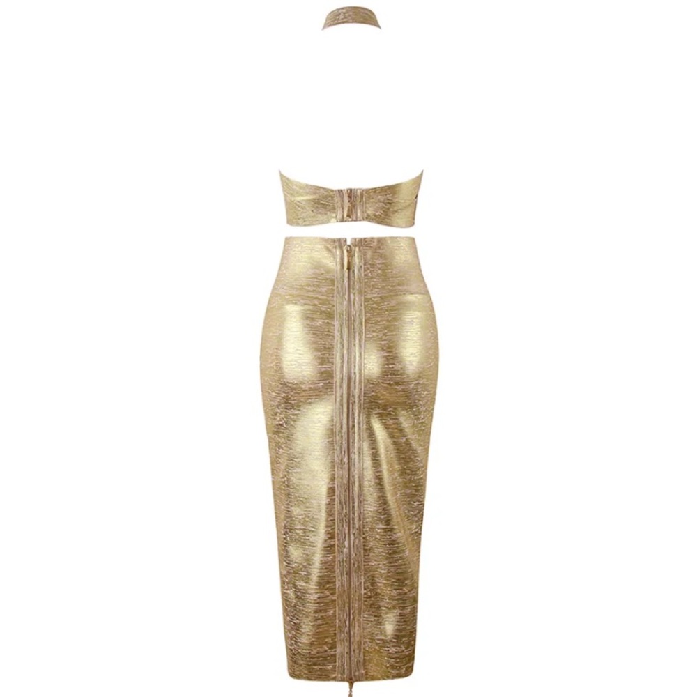 Bella Barnett Gold Two Piece Bodycon Set Halter Top & Midi Skirt Medium NWTS - Picture 6 of 12